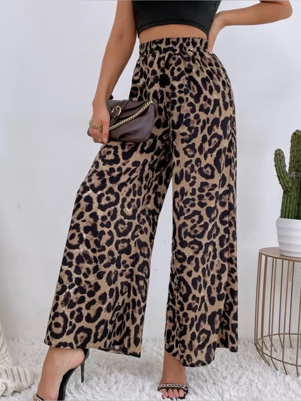 High waist leopard print palazzo wide leg pants